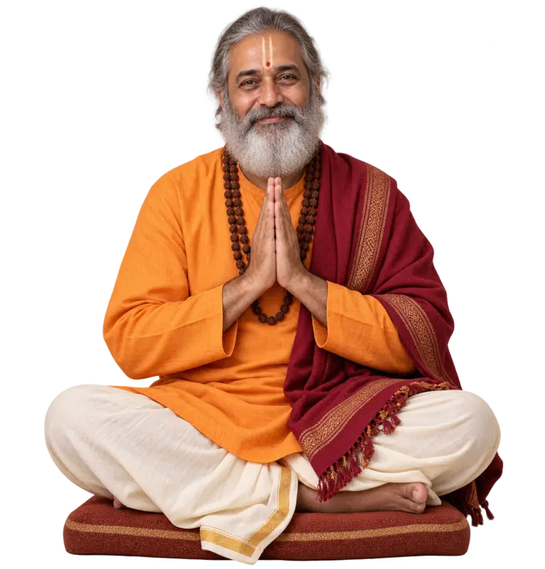 Original fictional AI-created Panditji in saffron and maroon