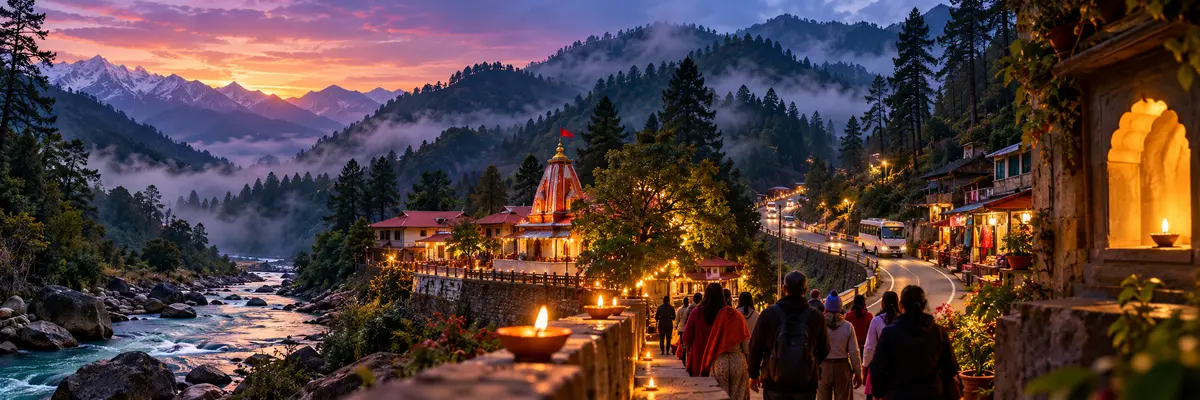 AI illustration of a Himalayan temple valley, river, pilgrims, shops and mountain road